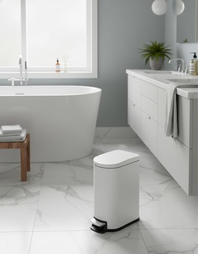 Garvee 2.6 Gallon / 10L Metal Bathroom Trash Can with Lid, Slim Step-On Bin with Soft-Close, Removable Inner Bucket & Rear Handle, Waterproof, White - color: Creamy White, size: 2.6 Gallons