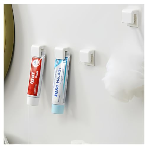 4-Pack Toothpaste Holder Wall Mounted, Plastic Tube Holders Clip for Shower | JM.JEEMI Tooth Paste Organizer Holder for Bathroom, Gripper for Face Cream Tubes c/w 1 Tube Squeezer - White, Small - size: Small_RT