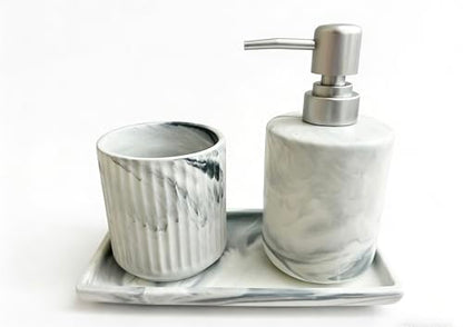 350ML Bathroom Soap Dispenser Set，Marble 3-Piece Countertop Organizer | Marble ceramic is suitable for soap storage on the washstand, liquid detergent on the sink, and lotion bottle on the dresser - color: Grey Ink Wash