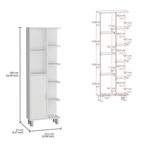 Tuhome Crovie Tall Linen Cabinet, 63-Inch Bathroom Linen Storage Tower with 7 Open Shelves, Slim 8.3-Inch Depth Linen Organizer in White, Engineered Wood with Melamine Finish