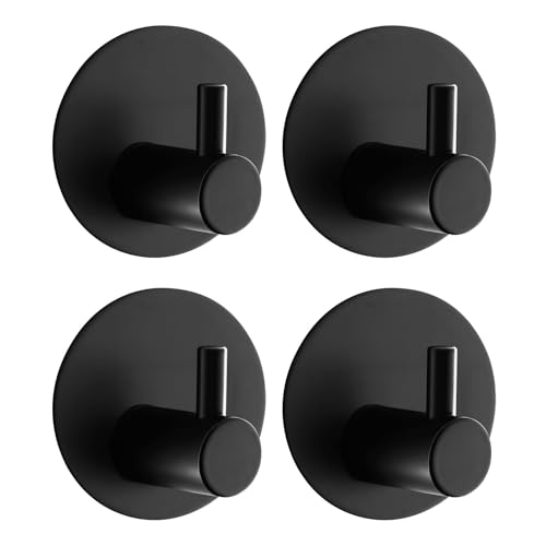 Towel Hooks for Bathroom (4 Pack) Adhesive Towel Hook Shower Hooks for Inside Shower - Sticky Bathroom Wall Hooks for Hanging Towels, Robe, Loofah, Bath Sponge - Matte Black Towel Hooks - color: Black