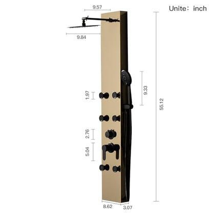BWE Stainless Steel Modern Shower Panel Tower System | 3-Function Faucet Rainfall Shower Head, Handheld Sprayer, Massage Body Jets, Polished Gold