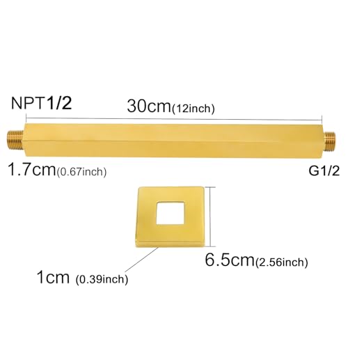 Enga Brass 12 Inch Ceiling Mount Shower Arm and Flange, Square Rain Shower Head Arm, Bright Gold - color: Polished Gold, style: 12 Inch