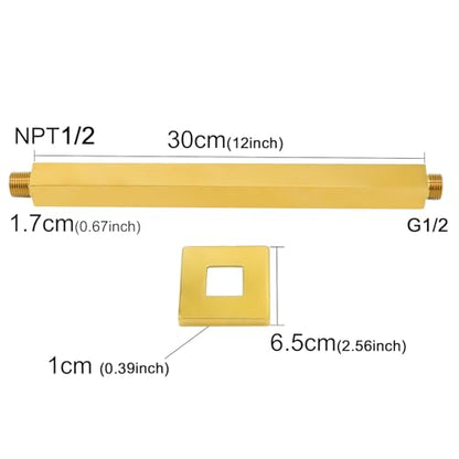 Enga Brass 12 Inch Ceiling Mount Shower Arm and Flange, Square Rain Shower Head Arm, Bright Gold - color: Polished Gold, style: 12 Inch