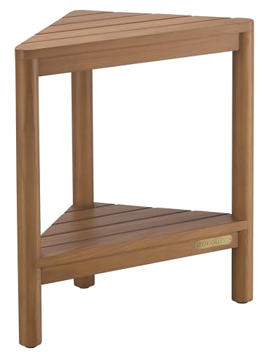 Fully Assembled Teak Corner Bath Shower Storage Stand, Bathroom Bench with Storage Shelf 18"