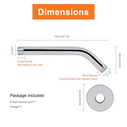 Shower Arm with Flange and Teflon Tape, Wall Mounted Shower Pipe 304 Stainless Steel Extension Arm for Fixed Shower Head & Handheld (6 Inch, Chrome) - color: Chrome, style: 6 Inch