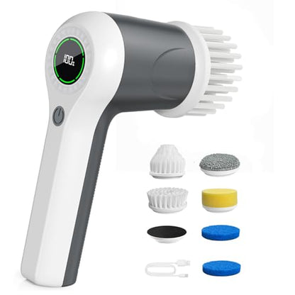 PUFTEM Electric Spin Scrubber, Cordless Shower Scrubber, Gray | Battery Level Display, Dual Speed, 6 Replaceable Brush Heads, IPX7 Waterproof, Long Runtime, Tub, Tile & Sink Cleaning - color: Gray
