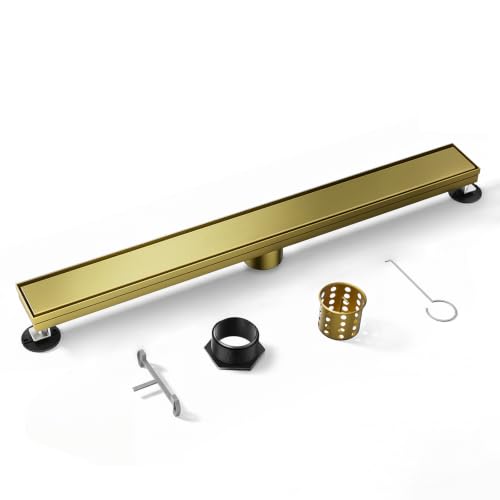 Linear Shower Drain 48inch，Gold 304 Stainless Steel Tile Insert Cover & Adjustable Leveling Feet Shower Floor Drain with Hair Catcher Fits Balcony Bathroom - color: Brushed Gold, size: 48inch