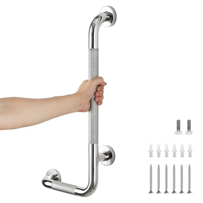 L-Shaped Grab Bars for Shower, 1 Pack, 24 x 12 Inch Stainless Steel, Left | Grab Bars for Bathroom; Diamond-Knurled Anti-Slip Grip; Wall-Mounted Safety Rail for Seniors; Mounting Hardware Included - size: Left