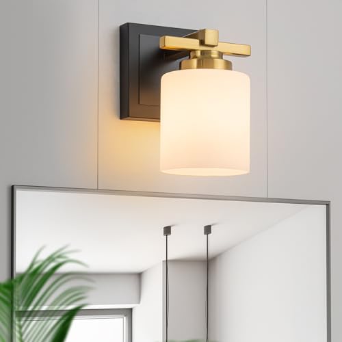 Modern Bathroom Light Fixtures Over Mirror, Vanity Lights for Bathroom Wall Sconces with Milky White Glass Shades, E26 Socket (Bulbs Not Included), 1 Light, Black Gold - color: Black Gold - Milky White Glass Shades, size: 1-Light