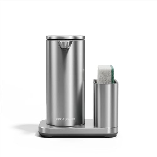 simplehuman Liquid Sensor Pump with Caddy, 9 oz Automatic Soap Dispenser for Kitchen and Bathroom, Touchless Motion Sensor, Variable Dispense, Rechargeable, High-Grade Brushed Stainless Steel - color: Brushed, style: 9 Oz. w/ Caddy