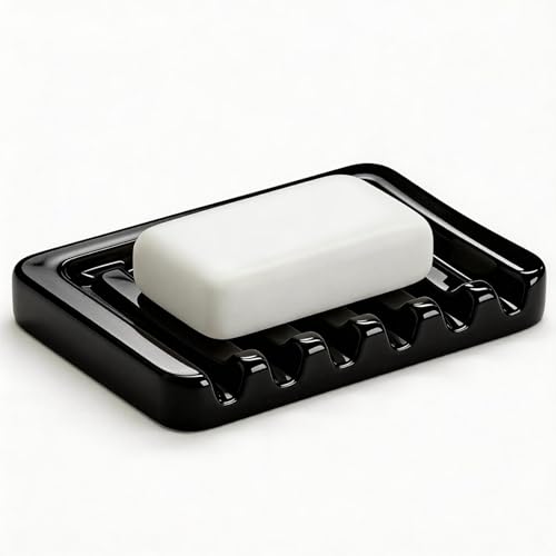 Ceramic Soap Dish Self Draining Soap Holder Bathroom Sink | Black Porcelain Soap Tray Self Draining Keeps Soap Dry Anti Slip Silicone Pads Easy Clean Modern Minimalist Bathroom Shower - color: 02.black