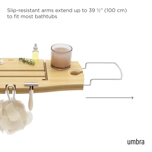 Umbra Aquala Bath Caddy, Extendable Bathtub Tray with Phone Holder, Natural | Bamboo, non-slip silicone arms, fits most tubs, waterproof, holds book and wine glass - color: Natural