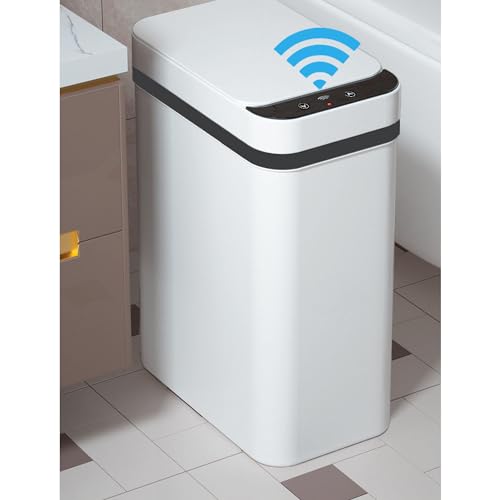 Trash Can Automatic Touchless - 4 Gallons Motion Sensor Bathroom Trash Can | Skinny, Electric, Slim, Plastic - Narrow Garbage Can with Lid - Thin Smart Trash Bin - 15.5 Liters ( White ) - color: White, size: 4 Gal
