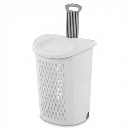 Laundry Hamper with Wheels and Lid, 2-Bushel Capacity, Plastic, White, Rolling Basket with Handle
