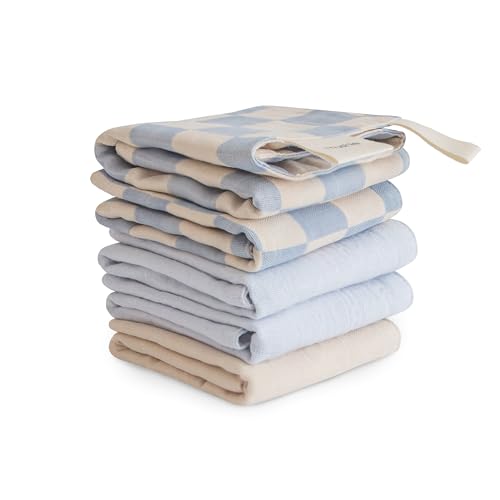 mushie Muslin Organic Cotton Washcloths 5-Pack (Blue Check Combo) | Soft Wipes for Baby Cleanups and Bathing - color: Blue Check Combo