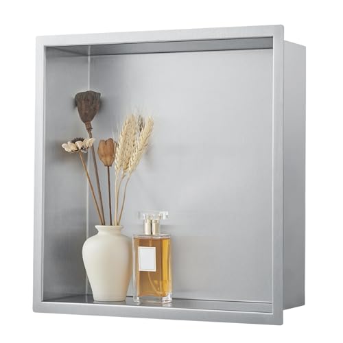 14"x14"x4" Stainless Steel Shower Niche No Tile Needed - Brushed Nickel Bathroom Wall Niche Insert, Recessed Waterproof Shelf for Drywall/Tile Showers - size: 14x14" - Brushed Nickel