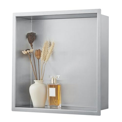 14"x14"x4" Stainless Steel Shower Niche No Tile Needed - Brushed Nickel Bathroom Wall Niche Insert, Recessed Waterproof Shelf for Drywall/Tile Showers - size: 14x14" - Brushed Nickel