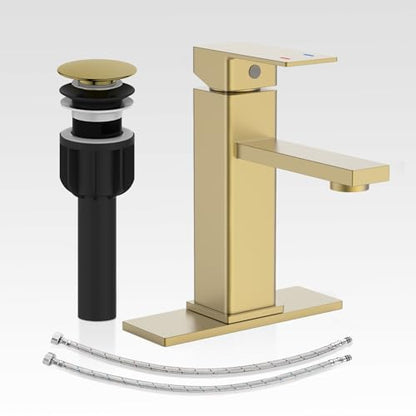 Bathroom Faucet, Brushed Gold Bathroom Sink Faucets & Parts(Pop-up Drain+6" Escutcheon Plate+Supply Hoses), Vanity Faucet for Vessel Sink, llaves para lavamanos de baño - color: 5.Brushed Gold(New), style: Short