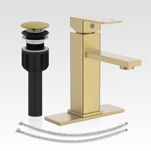 Bathroom Faucet, Brushed Gold Bathroom Sink Faucets & Parts(Pop-up Drain+6" Escutcheon Plate+Supply Hoses), Vanity Faucet for Vessel Sink, llaves para lavamanos de baño - color: 5.Brushed Gold(New), style: Short