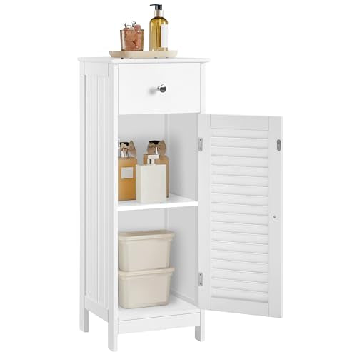 Yaheetech Small Bathroom Storage Cabinet with Drawer & Louvered Door, White | Slim Free Standing Floor Cabinet Organizer by a Pedestal Sink or Toilet, Hides Tissue and Towels, Shelf inside, MDF Build - color: White