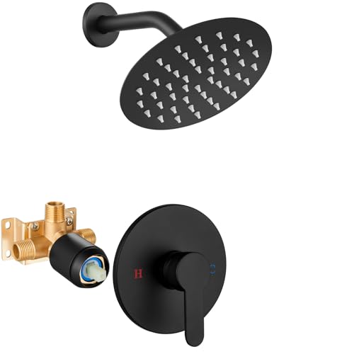 Airuida Shower Faucet Set,6 Inch Matte Black Shower Trim Kit | Round Rainfall Shower Head,Single Handle,Male Threads Rough-in Valve,Wall Mount Bathroom System - color: Black, size: 6 Inch