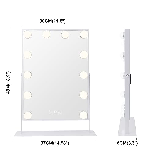 VANITII Lighted Vanity Hollywood Mirror with 12 Dimmable Bulbs Smart Touch Control 3 Colors Light for Tabletop, Detachable 10X Magnification