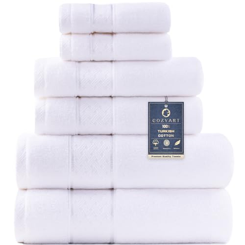 COZYART Bath Towel Set 6 PCS, Luxury White 100% Turkish Cotton 650GSM | Soft Absorbent Quick Dry, OEKO‑Tex 100 Cert. Zero Twist Ring Spun Cotton, Plush Fluffy, Breathable Hotel Quality Towels Set - color: White