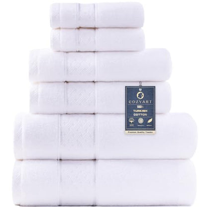 COZYART Bath Towel Set 6 PCS, Luxury White 100% Turkish Cotton 650GSM | Soft Absorbent Quick Dry, OEKO‑Tex 100 Cert. Zero Twist Ring Spun Cotton, Plush Fluffy, Breathable Hotel Quality Towels Set - color: White