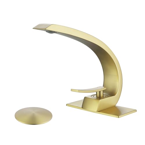 Brushed Gold Bathroom Faucet,Modern Single Hole Bathroom Sink Faucet,High Arc Brass Basin Mixer with 1 Hole or 3 Hole Mount 6-Inch 10-Inch Deckplate,Pop Up Overflow Drain Assembly Included - color: Brushed Gold, style: With Drain