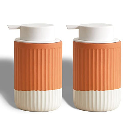 Hand Dipped Boho Ceramic Foam Dispenser 2 Pack, Terracotta White | Two Tone Ceramic Design, Rippled Cylinder, Soft Touch Silicone Pump, Organic Boho Style, Elegant Bathroom Counter Accent - color: Orange,white
