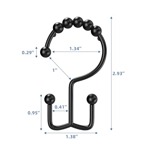 Black Shower Curtain Hooks Double Sided with Roller Balls | for Bathroom Rods, for Shower Curtain and Liner, Smooth Gliding, Rustproof Metal, Set of 12 Hooks - color: Black