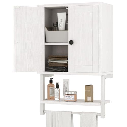 Homeiju Small Farmhouse Style Rustic Medicine Cabinet with Two Barn Doors, Wooden Wall Mounted Storage Cabinet with Shelf and Towel Bar for Bathroom, Living Room, Kitchen, White - size: 25.2'' H