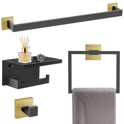 TURS Bathroom Hardware Set Black and Gold 4-Piece Towel Bar Set Include 24 Inch Towel Bar Towel Ring Towel Hook Toilet Paper Holder with Shelf Wall Mounted. - color: Black&gold, size: Set C