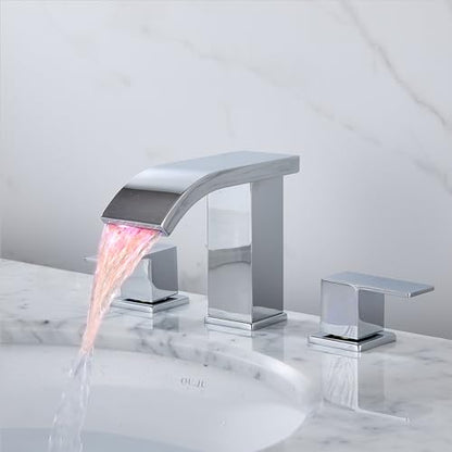 Bathroom faucets 3 Hole Widespread LED Light Bathroom Sink Faucet 8 inch Modern Bathroom Waterfall 3 Hole Vanity Chrome Faucet with Pop Up Drain(Chrome) - color: Chrome
