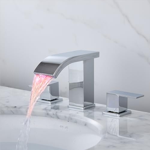 Bathroom faucets 3 Hole Widespread LED Light Bathroom Sink Faucet 8 inch Modern Bathroom Waterfall 3 Hole Vanity Chrome Faucet with Pop Up Drain(Chrome) - color: Chrome