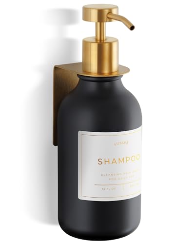 Shower Shampoo Dispenser Wall Mounted – Refillable 16.9 oz Black Bottle with Stainless Steel Pump & No-Drill Adhesive Holder – Soap Dispenser for Bathroom (1 X Black/Gold) - color: 1 X Black/Gold
