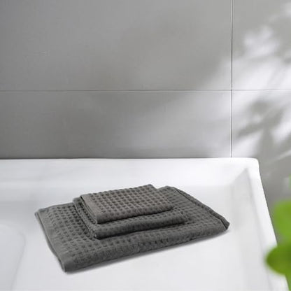 Soft textured waffle cotton towels, a reliable three-piece collection for all household needs (Dark Grey) - size: Dark gray