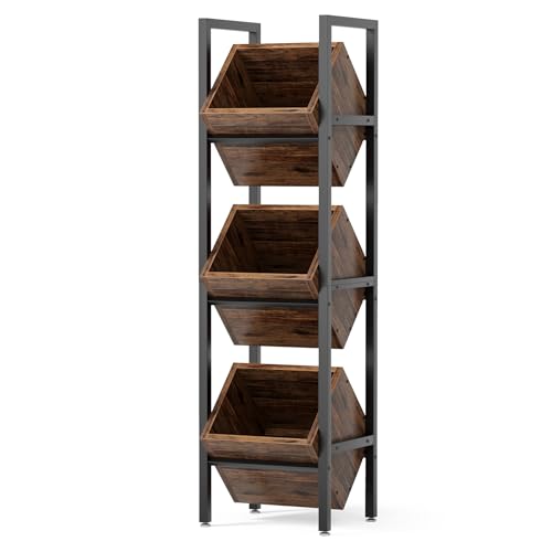 LITTLE TREE 3-Tier Basket Stand, Wooden Floor Stand Shelving Unit, Standing Organizer Storage Rack for Kitchen, Bathroom, Living Room (Rustic) - color: Rustic Brown, size: 3-Tier