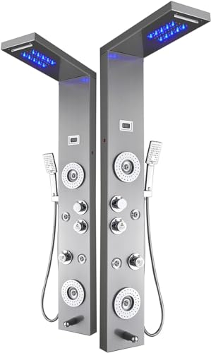 ELLO&ALLO Stainless Steel Shower Panel Tower System,LED Rainfall Waterfall Shower Head 6-Function Faucet Rain Massage System with Body Jets, Brushed Nickel