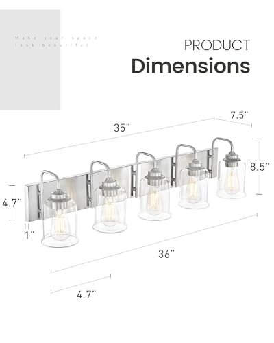 zeyu 36 Inch Farmhouse Modern Bathroom Lighting Fixture, 5-Light Bathroom Vanity Light, Brushed Nickel Finish with Clear Glass Shade, ZSL72B-5W BN - color: Brushed Nickel, size: 5-Light