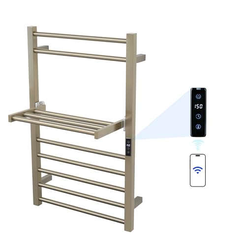 Heated Towel Warmer Rack Electric Bathroom with Voice Control Alexa & Google Home,TUYA Wall-Mounted,Stainless Steel,31.5x19.69x11.61in,Foldable Storage,Plug-in,Brushed Nickel,10 Bars - color: Bruched Nickel With Wifi & Shelf