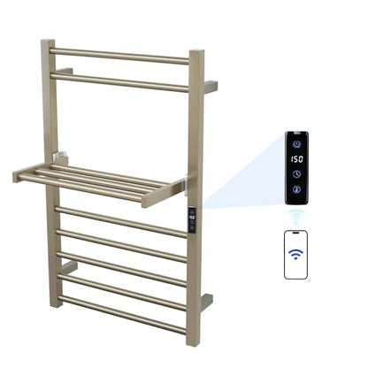 Heated Towel Warmer Rack Electric Bathroom with Voice Control Alexa & Google Home,TUYA Wall-Mounted,Stainless Steel,31.5x19.69x11.61in,Foldable Storage,Plug-in,Brushed Nickel,10 Bars - color: Bruched Nickel With Wifi & Shelf