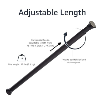 Amazon Basics No Drilling Spring Tension Curtain Rod, Adjustable 78-108" Width, Classic Finial, Black - color: Black, size: 78-108"