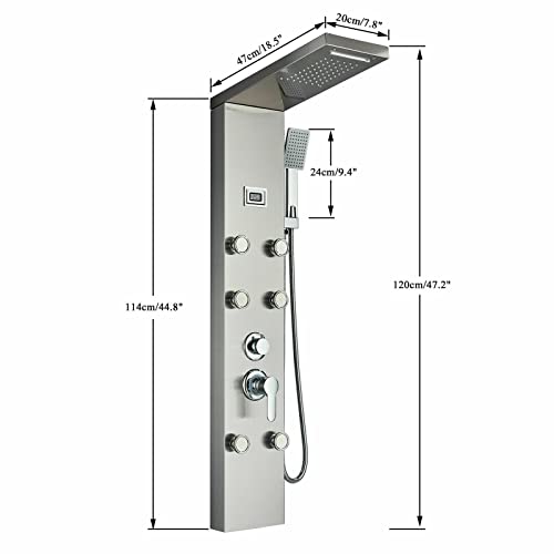 LED Light Shower Panel Tower Rainfall Waterfall Shower Head with Massager Jets Body System Jet Black B (Color : Brushed Nickel E) - color: Brushed Nickel E