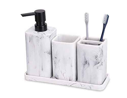 Bathroom Accessory Sets, 4 Pieces Bathroom Accessories Complete Set Vanity Countertop Accessory Set with Marble Look, Includes Lotion Dispenser, Toothbrush Holder and Tray (White Marble Look) - color: White Marble Look
