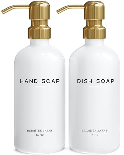 Luxury Glass Hand and Dish Soap Dispenser Set by Brighter Barns - Kitchen Soap Dispenser Set & Stainless Steel Pump - Glass Bottle for Sink - White and Gold Kitchen Accessories for Airbnb, Gift (Gold) - color: Gold Hd