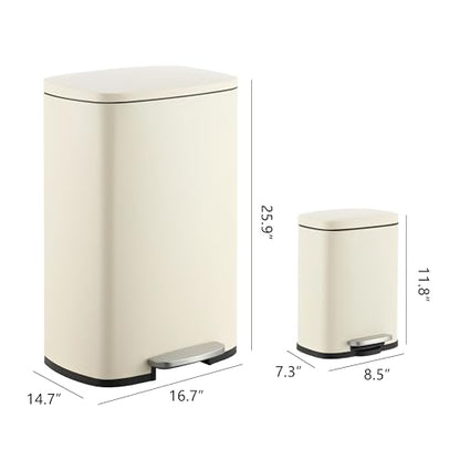 happimess Connor 2-Piece Iron Trash Can, Limestone Beige | 13.2 And 1.3 Gallons, Rectangular, Soft-Close Lid, Step Pedal, 20 Liners, 26" And 12" Height - color: Limestone Beige