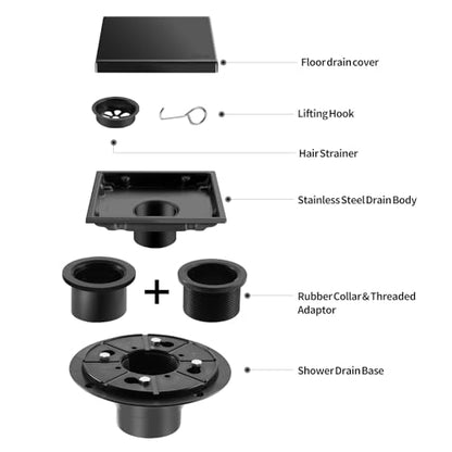 Hidden Brushed Square Shower Floor Drain, Black 6 inch, 304 Stainless Steel, with Flange, Detachable Cover Embedded in Ceramic Tiles - color: Hidden Black, size: 6 inch