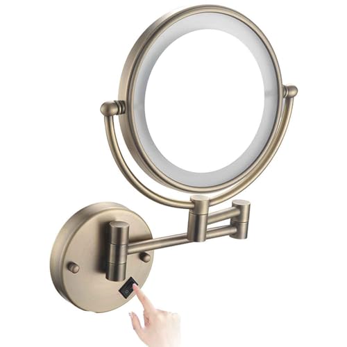 Wall Mounted Makeup Mirror with Lights,Double Sided 1X/10X Magnifying Vanity Mirror with Push Button Switch,360° Swivel Design, Extendable and Folding Arm - for Men and Women - color: Antique Bronze, size: Plugln